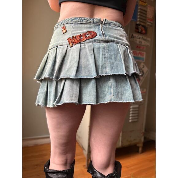 Vintage Y2K Miss Sixty Micro Mini Denim Skirt | Sequin Graphic | 28" - Picture 3 of 12